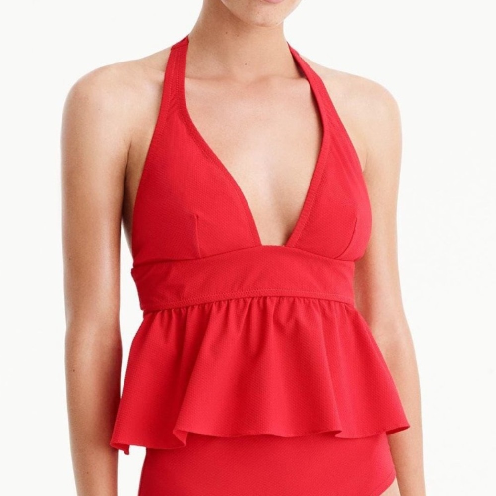 J CREW Red Ruffle Peplum Halter Tankini Swim Top